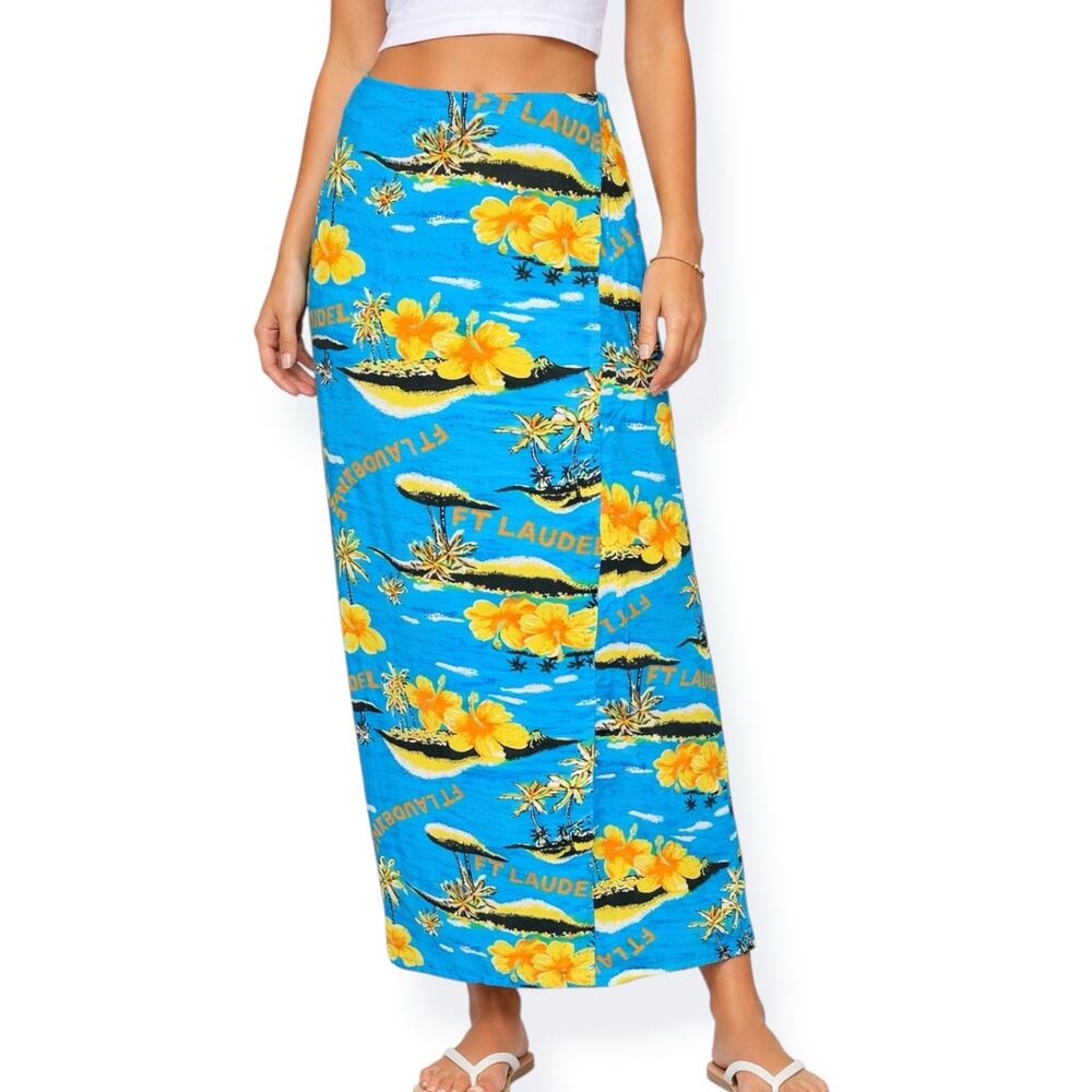 Vintage Island Planet Hawaiian Rayon Maxi Skirt‎ Blue Tropical Beach Vacation